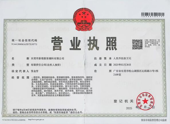 China Dongguan Xinwei Clothing Accessories Co.,Ltd. certification